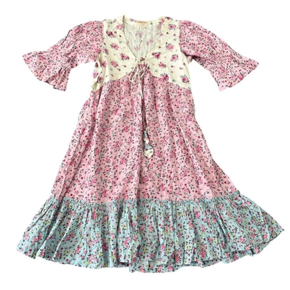 Boho Floral Tie-Front Midi Dress in Pink & Cream
